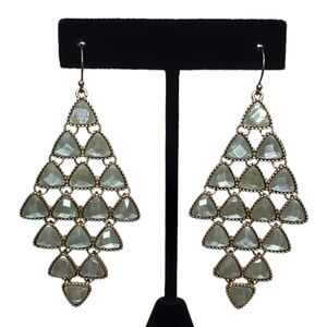 Estate Unsigned Brass-Tone Green-Gray Faux Labradorite Chandelier Earrings